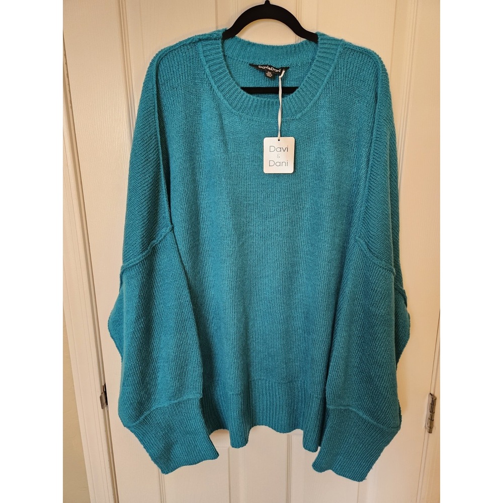 NWT Davi & Dani Long Sleeve Drop Shoulder Crew Neck Teal Blue Sweater, Plus 3XL